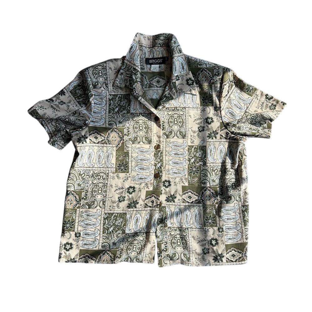 Briggs New York Green and Cream Short-Sleeve Button Down Shirt